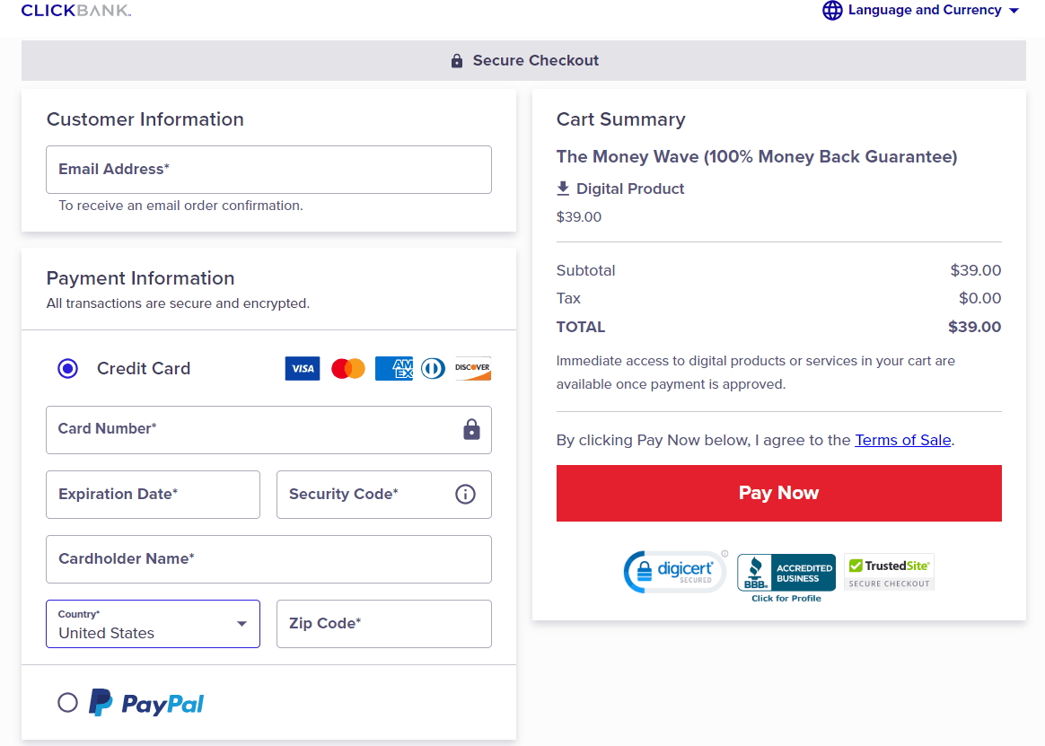 the money wave checkout page